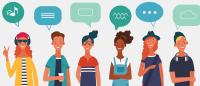 Illustration of six smiling young people with speech bubbles over their heads